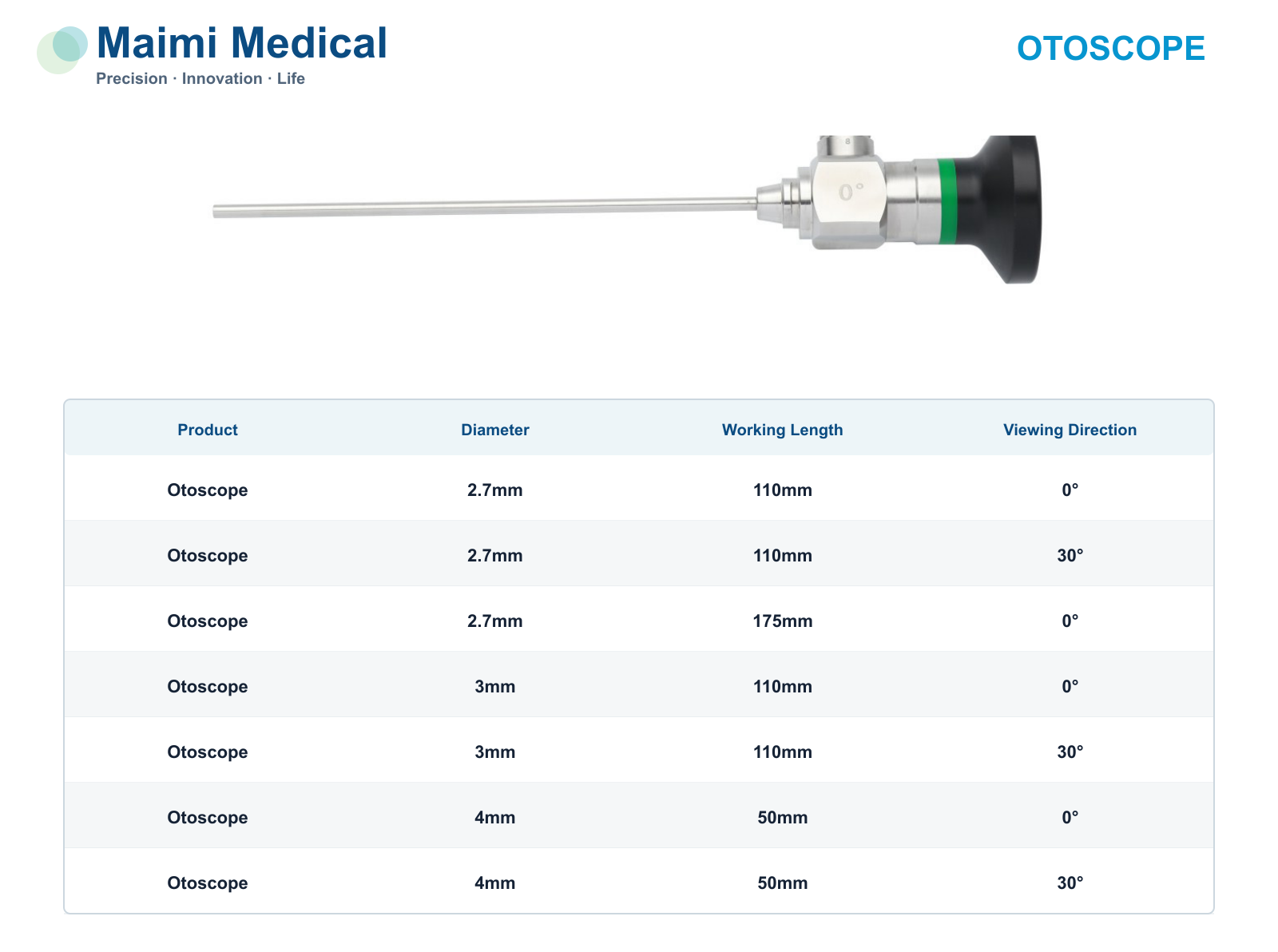 Maimi Medical rigid otoscope specification overview